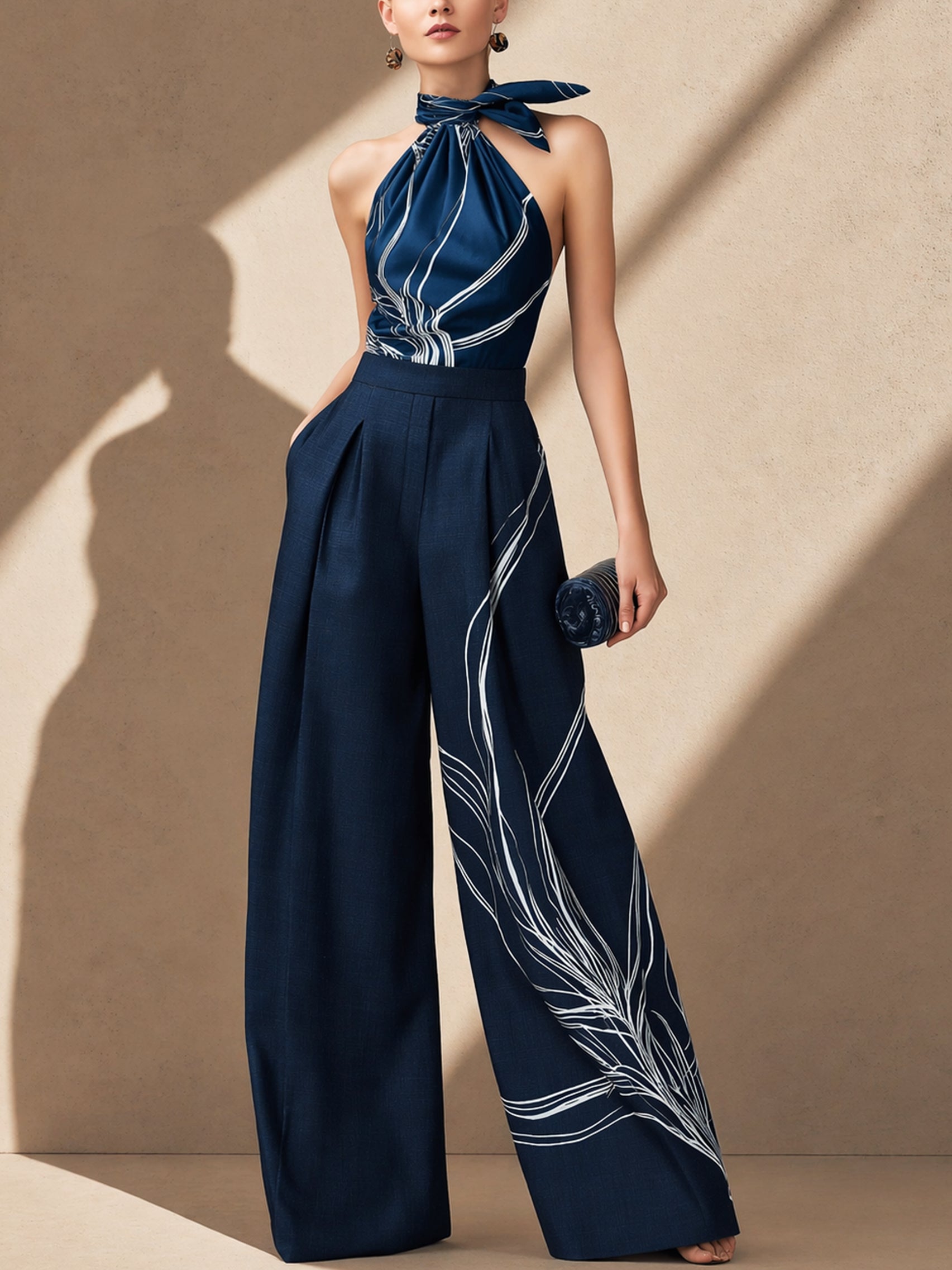 Monica | Satin Halter Blouse & Linen Wide-Leg Trousers Set
