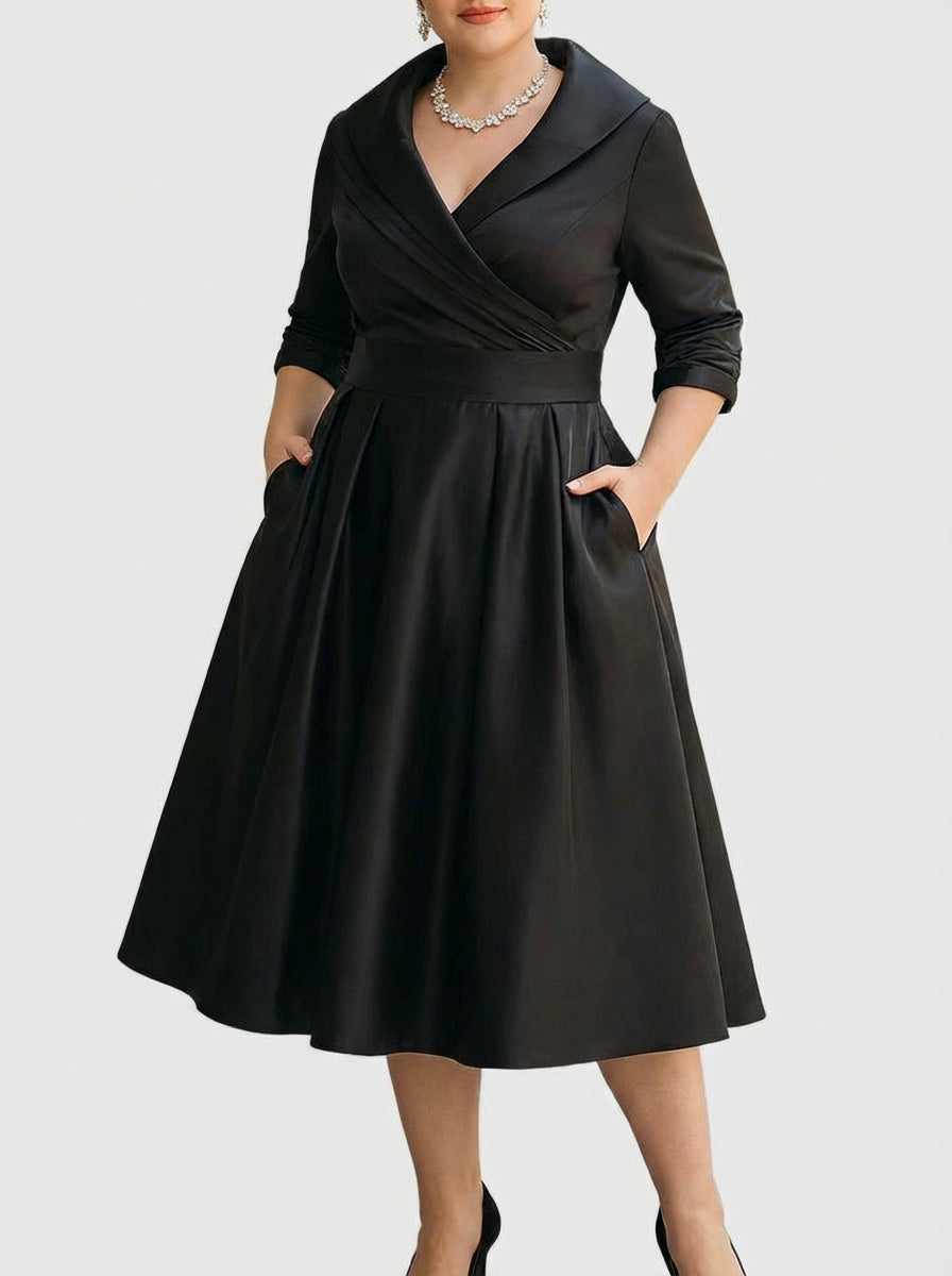 Lydia | Wrap-Collar Satin A-Line Midi Dress