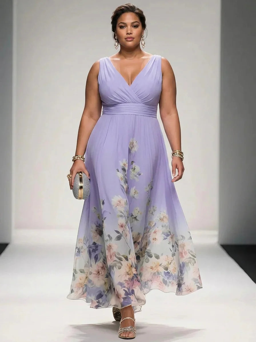 Rose | Light Blue Floral Chiffon V-Neck Maxi Dress