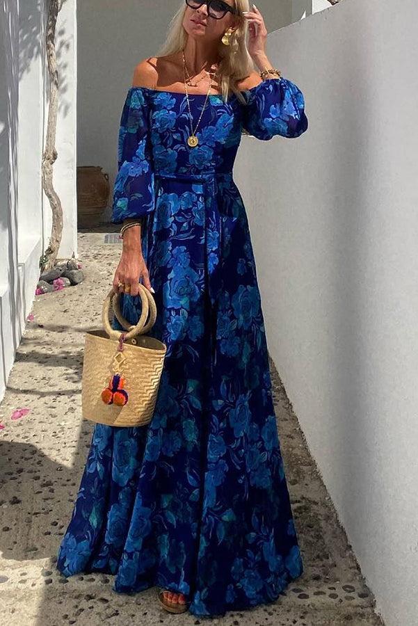 Francesca - Long dress with floral pattern and off-the-shoulder sleeves