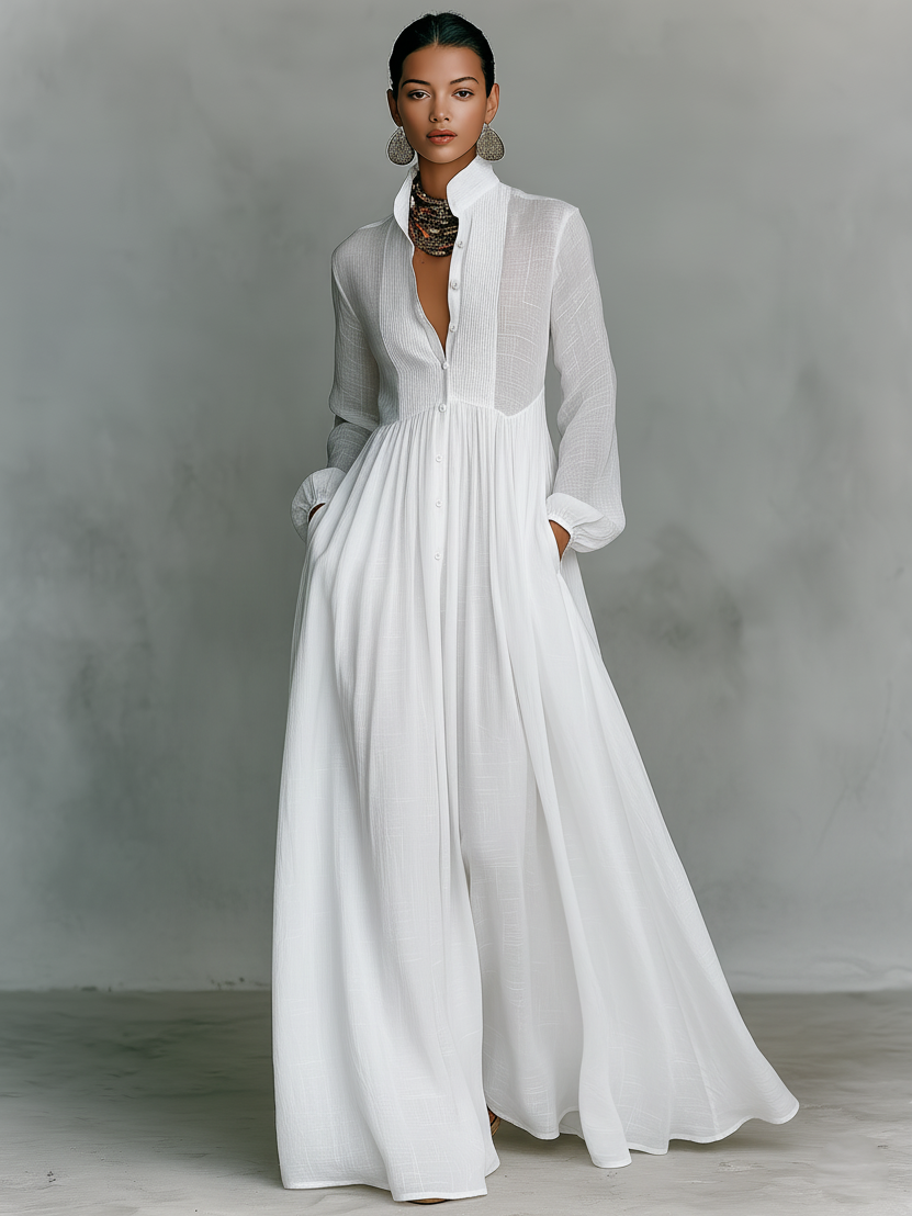 Maxi Minimalist Dress in Cotton and Linen with Patchwork, High Collar and Long Sleeves