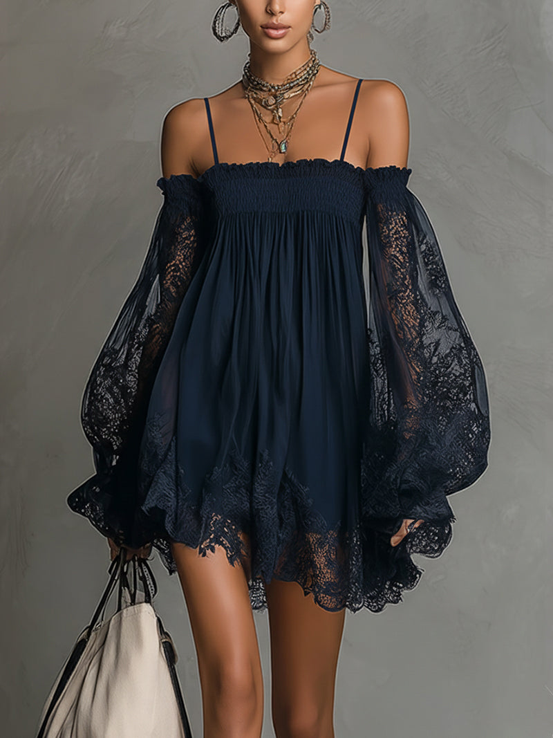Noemi - Navy blue chiffon mini dress with off-the-shoulder neckline, lace trim, and sheer sleeves