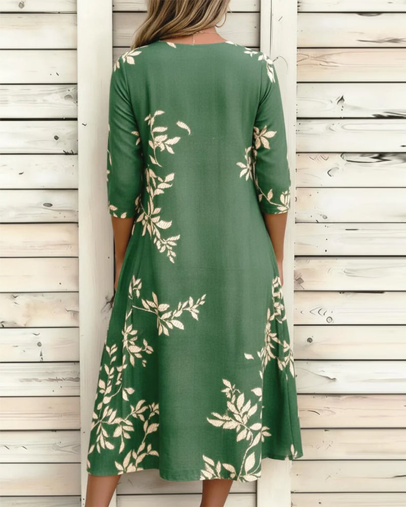 Botanical Print Buttoned Ruffled Dress