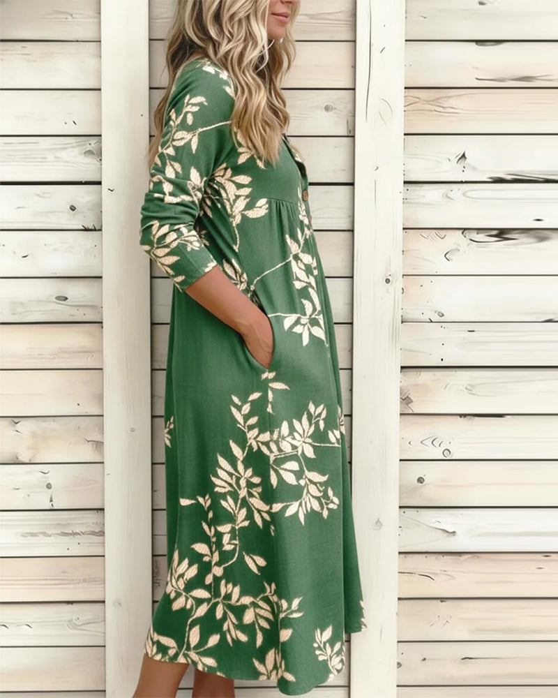 Botanical Print Buttoned Ruffled Dress