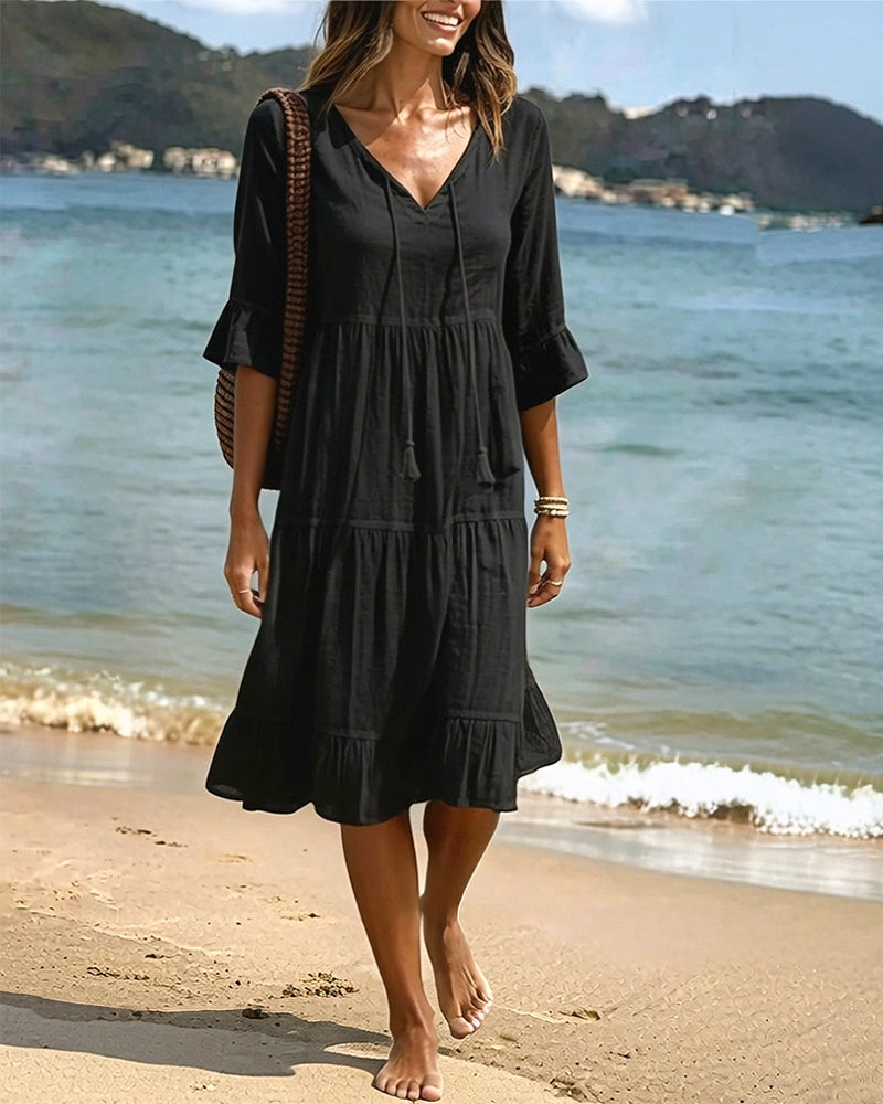 Flared Dress with Half Sleeves and Waist Tie