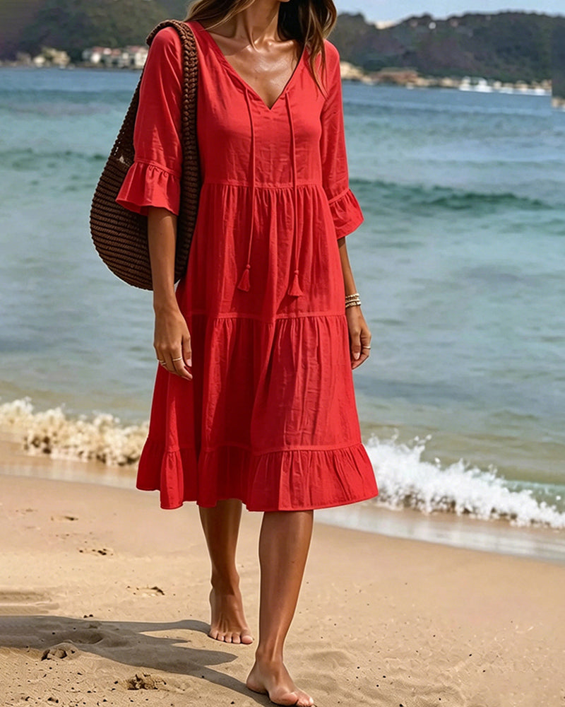 Flared Dress with Half Sleeves and Waist Tie