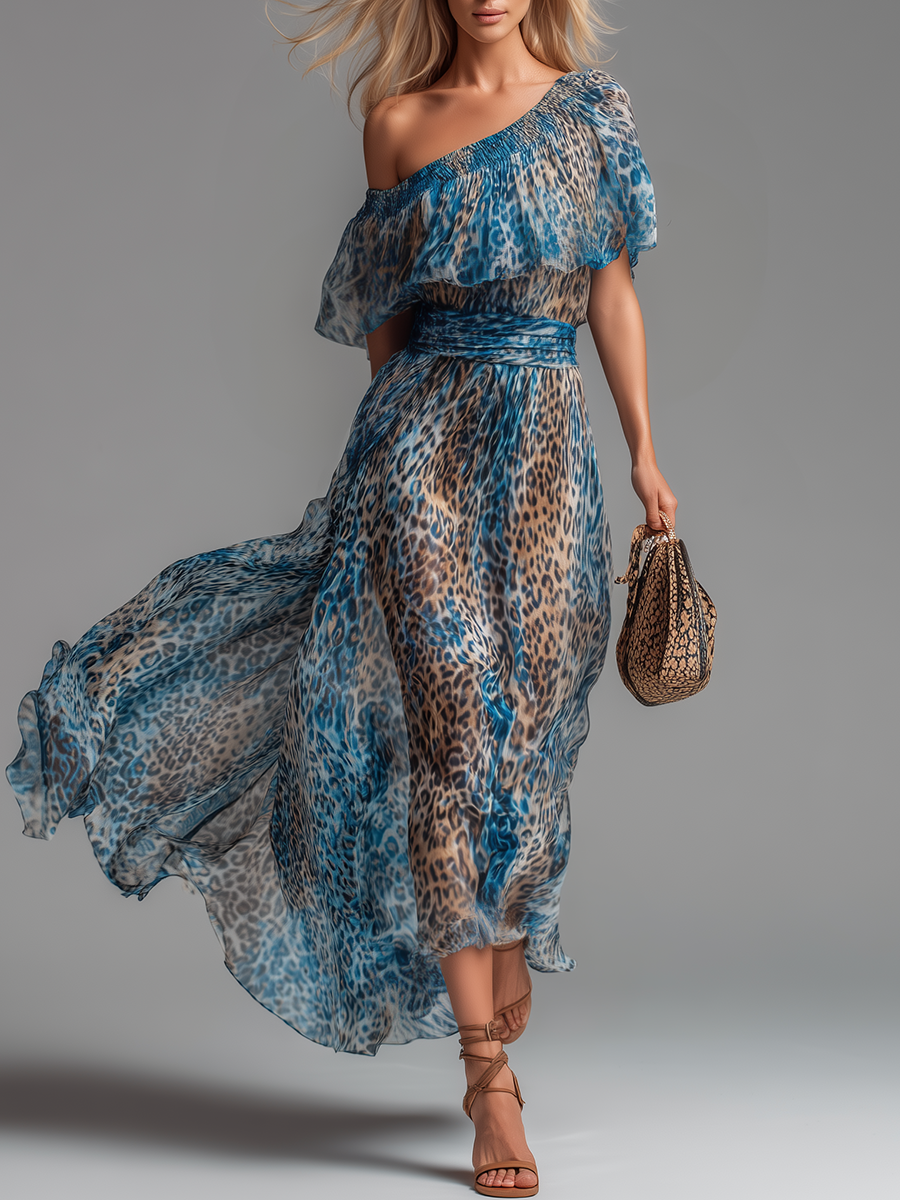 Wild - Long chiffon dress with leopard print and off-shoulder design