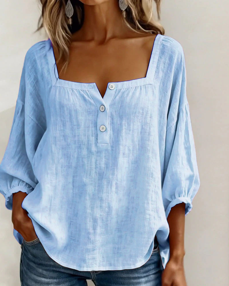 Harper | Cotton-Linen Square Collar Blouse