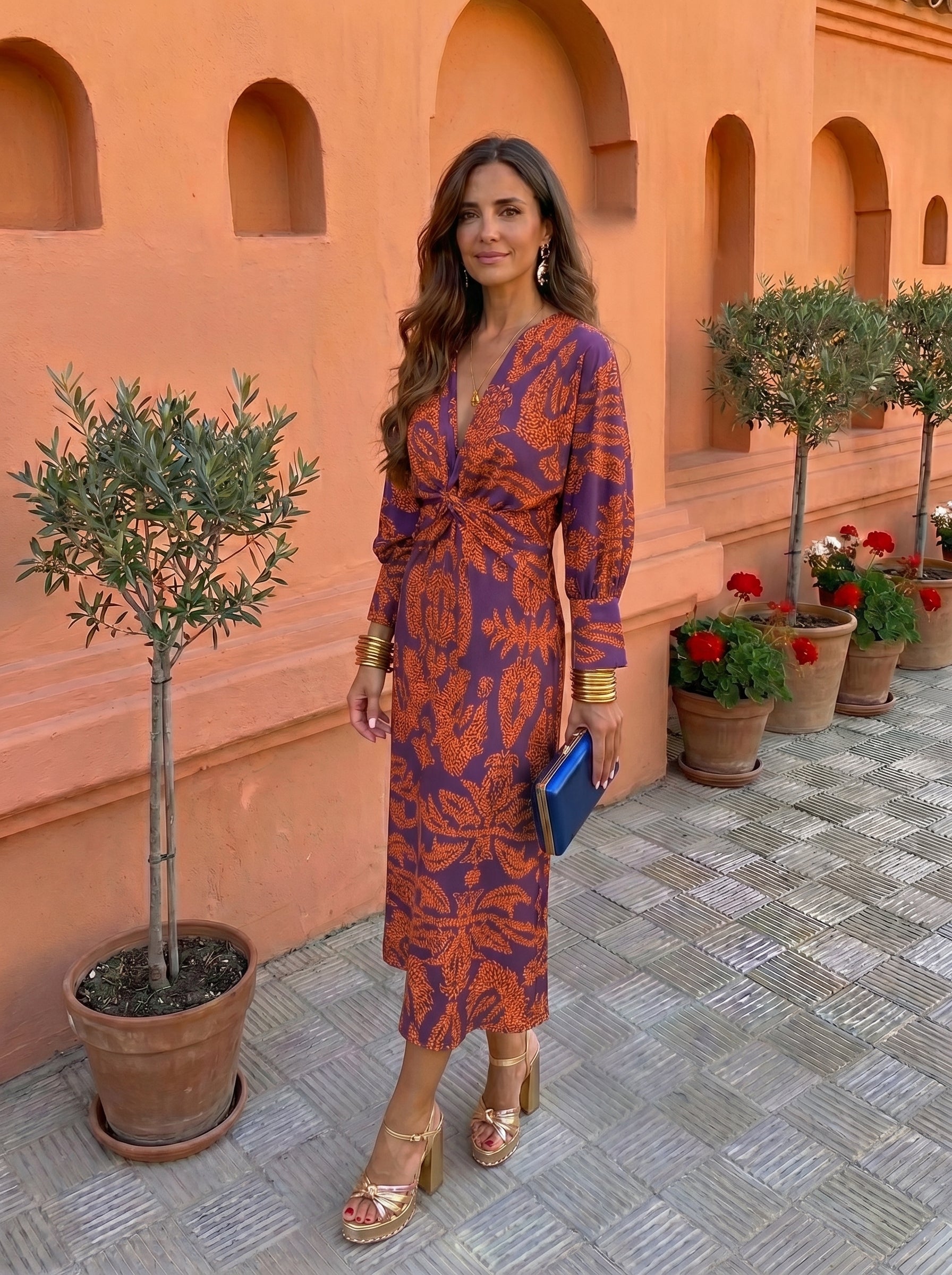 Hannah | Printed V-Neck Midi Dress