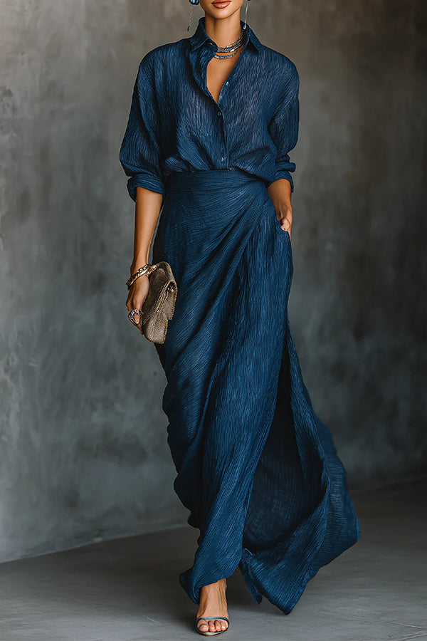 Long Sleeve Shirt Set with Collar and Elegant Solid Color Maxi Pleated Skirt