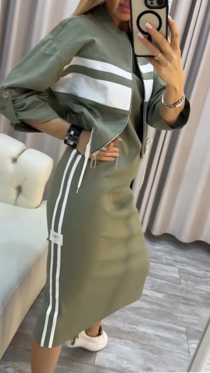 M&H | Striped Midi Dress & Zip Jacket Set