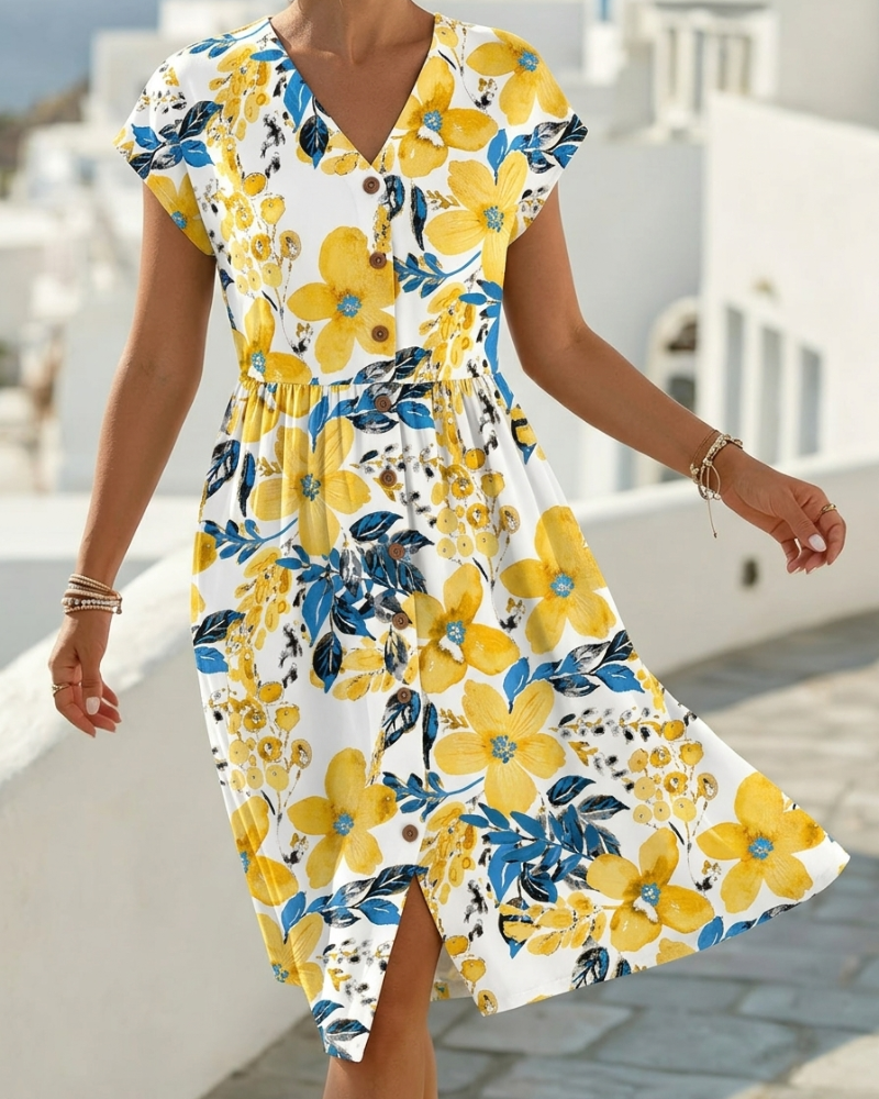 Floral Print V-Neck Short Sleeve Dress