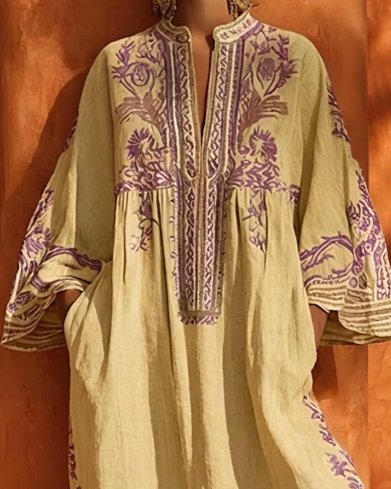 Ethnic Print V-Neck Dress Loose Fit