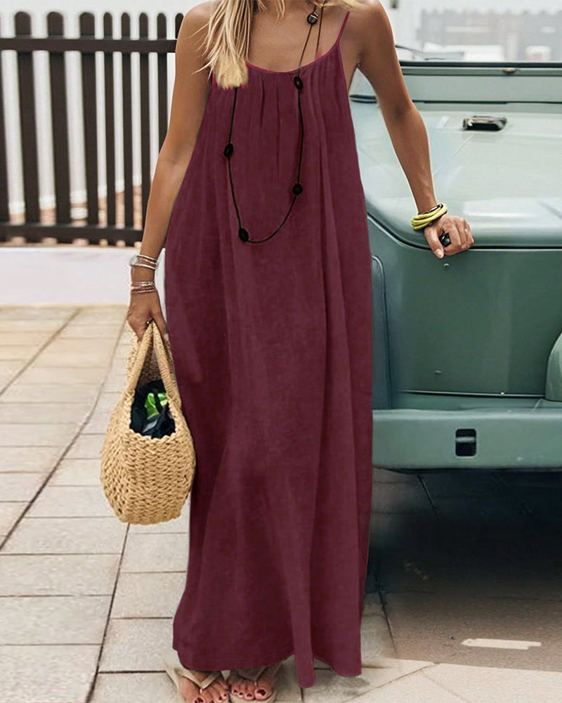 Solid Color Pleated Backless Spaghetti Strap Maxi Dress