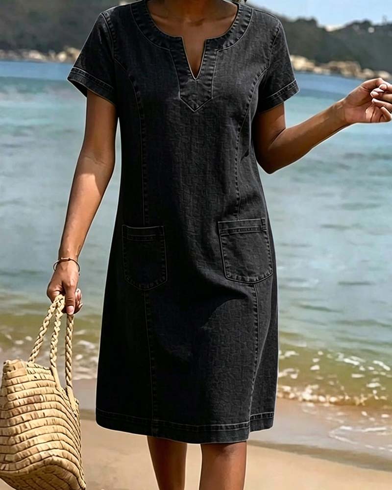 Casual Sheath Dress with Pocket and Small V-Neck