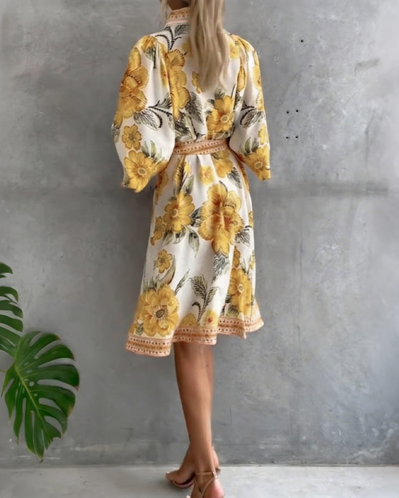 Lantern Sleeve Dress with Notched Collar Print