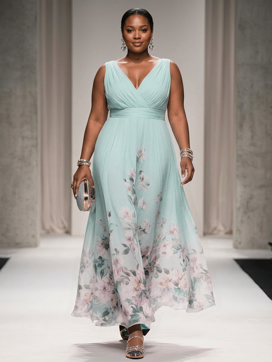 Rose | Light Blue Floral Chiffon V-Neck Maxi Dress