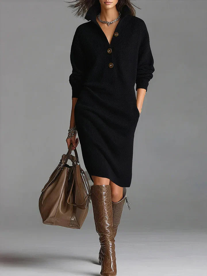 Ribbed Knit Collared Sweater Dress