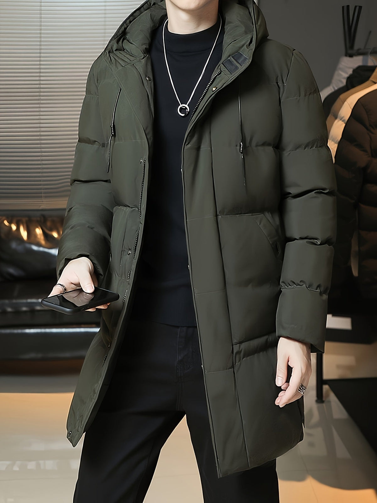 Insulated Longline Hooded Coat with Full-Length Zipper and Adjustable Hood