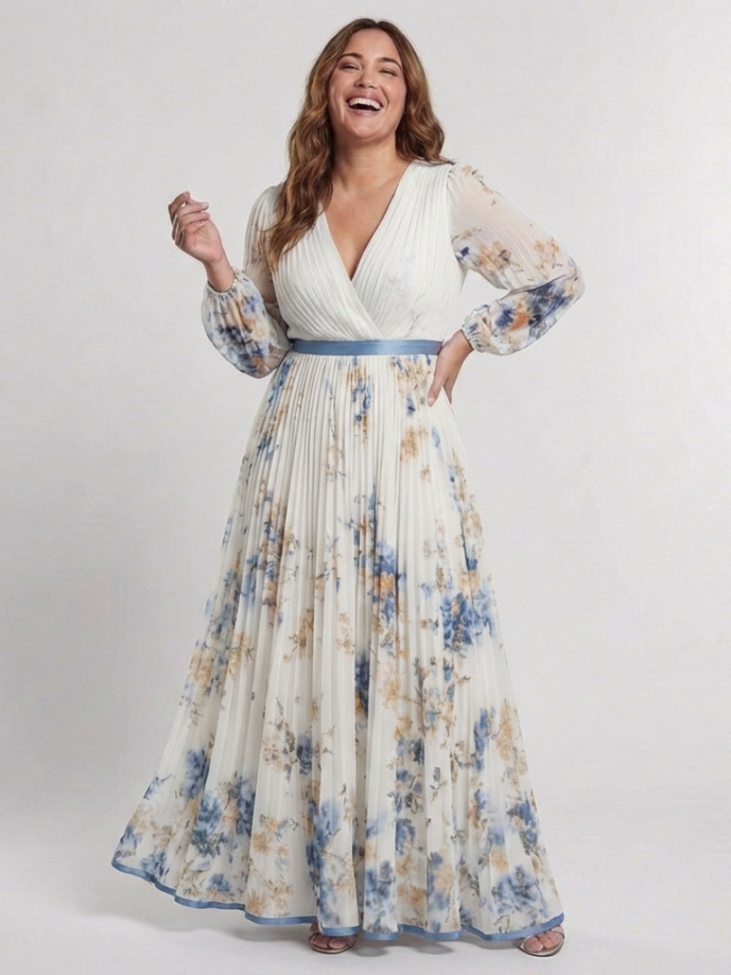 Long-Sleeve V-Neck Floral Maxi Dress