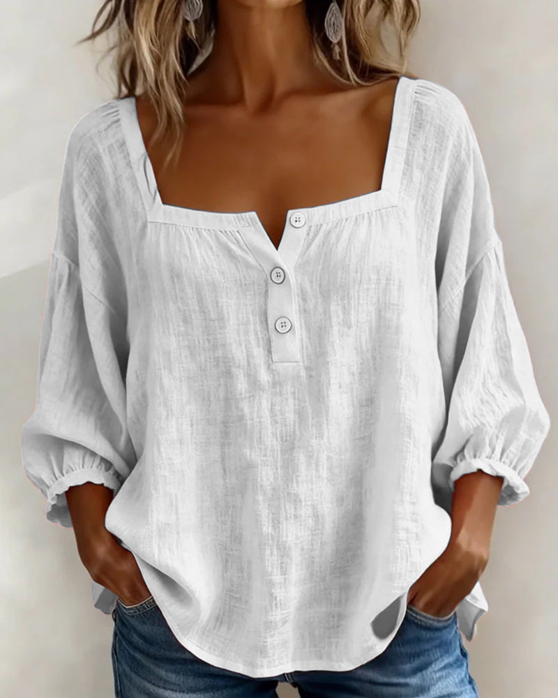 Harper | Cotton-Linen Square Collar Blouse