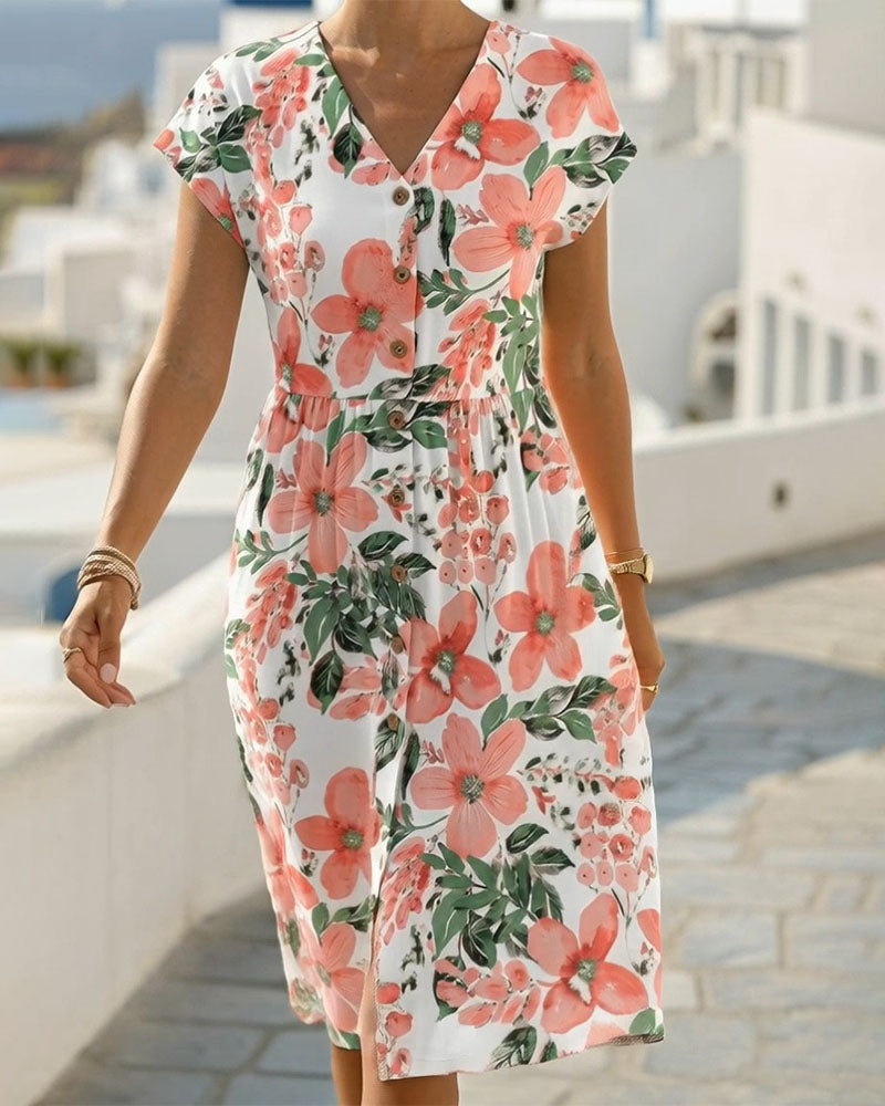 Floral Print V-Neck Short Sleeve Dress
