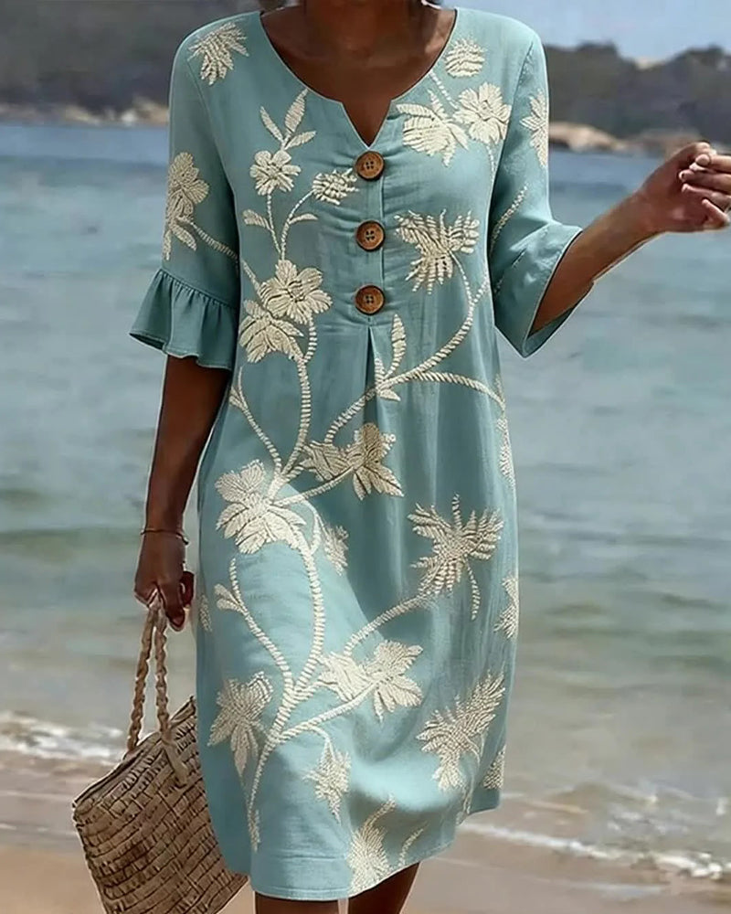Ruffled V-Neck Mini Dress with 3/4 Sleeves