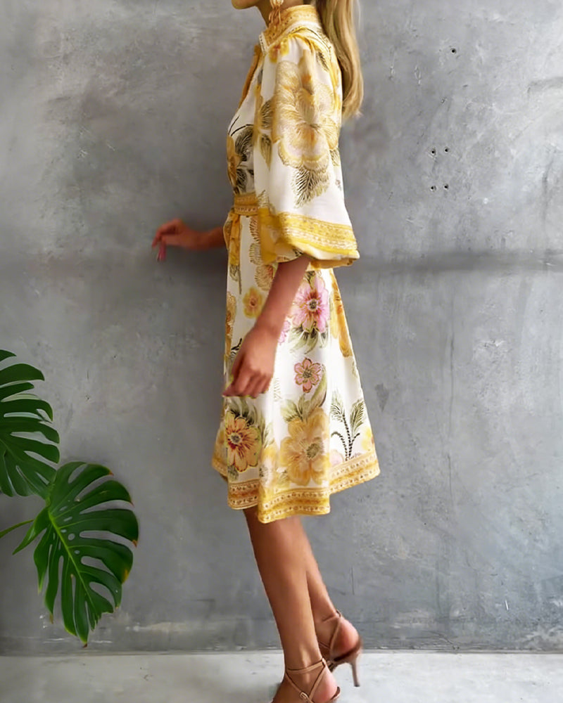 Lantern Sleeve Dress with Notched Collar Print