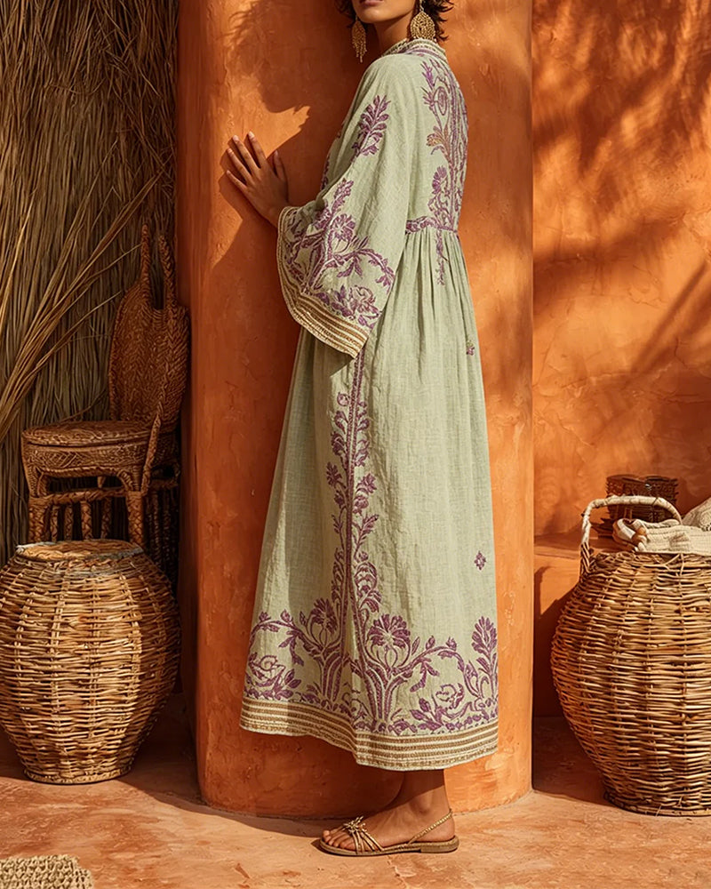 Ethnic Print V-Neck Dress Loose Fit