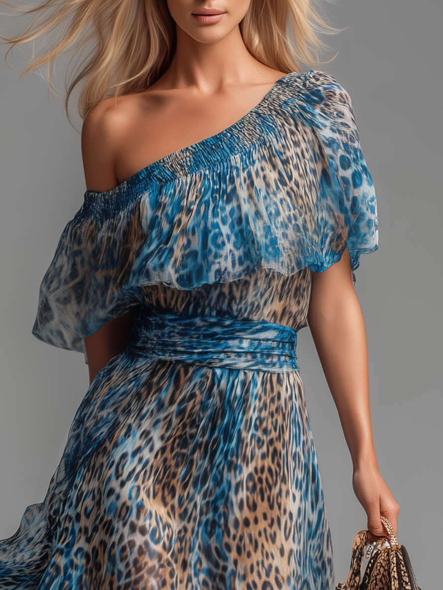 Wild - Long chiffon dress with leopard print and off-shoulder design