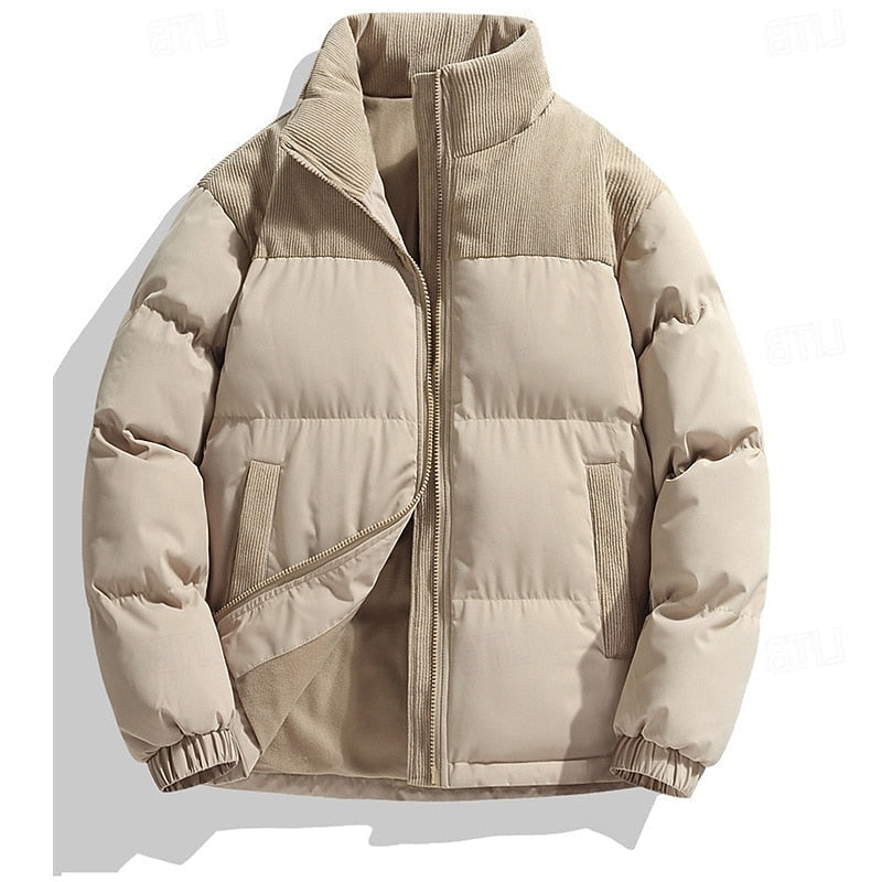 Padded Puffer Jacket with Stand Collar and Full Front Zipper, Two Pockets
