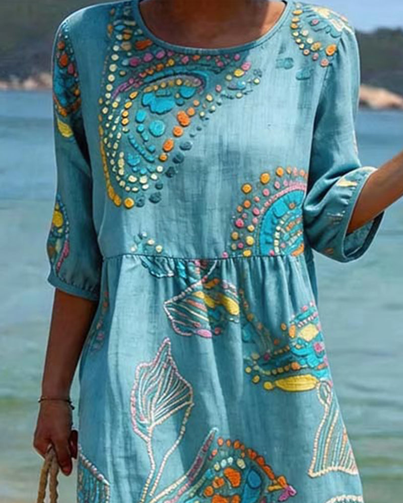 Printed Round Neck Gathered Casual Dress