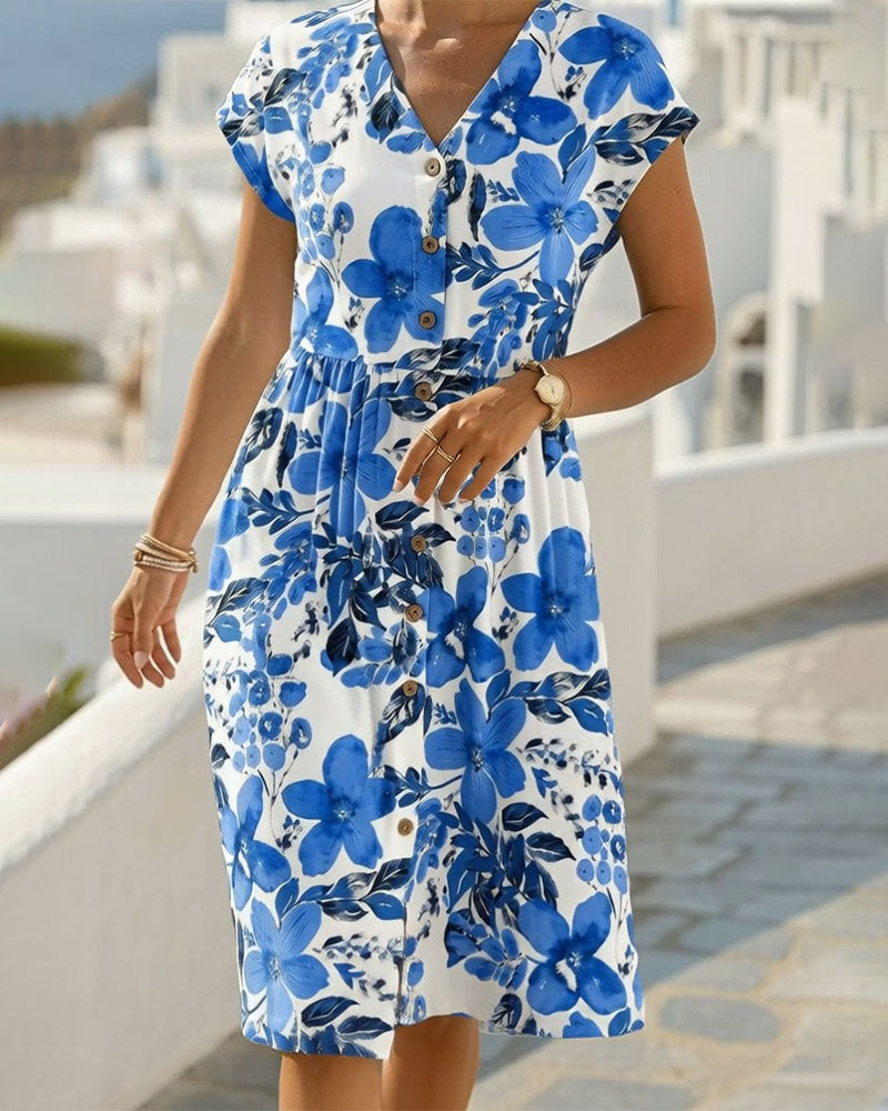 Floral Print V-Neck Short Sleeve Dress