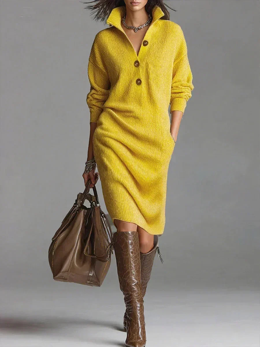 Ribbed Knit Collared Sweater Dress
