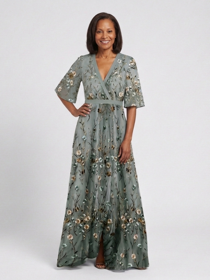 Naomi | Sheer Elbow-Sleeve Floral Maxi Dress