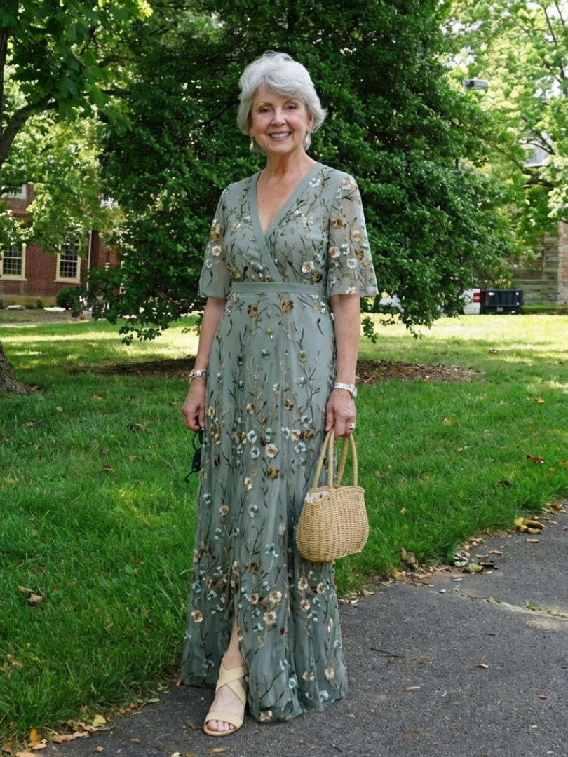 Floral V-Neck Sheer Elbow-Sleeve Maxi Dress