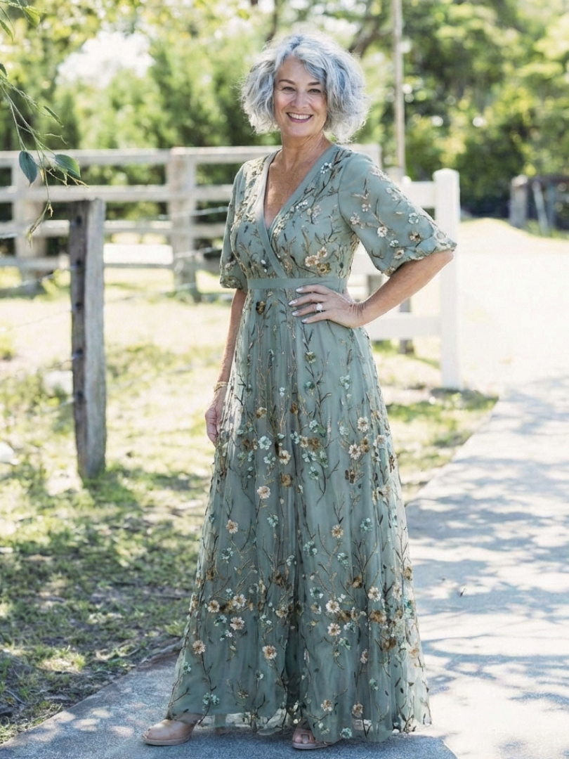 Floral V-Neck Sheer Elbow-Sleeve Maxi Dress