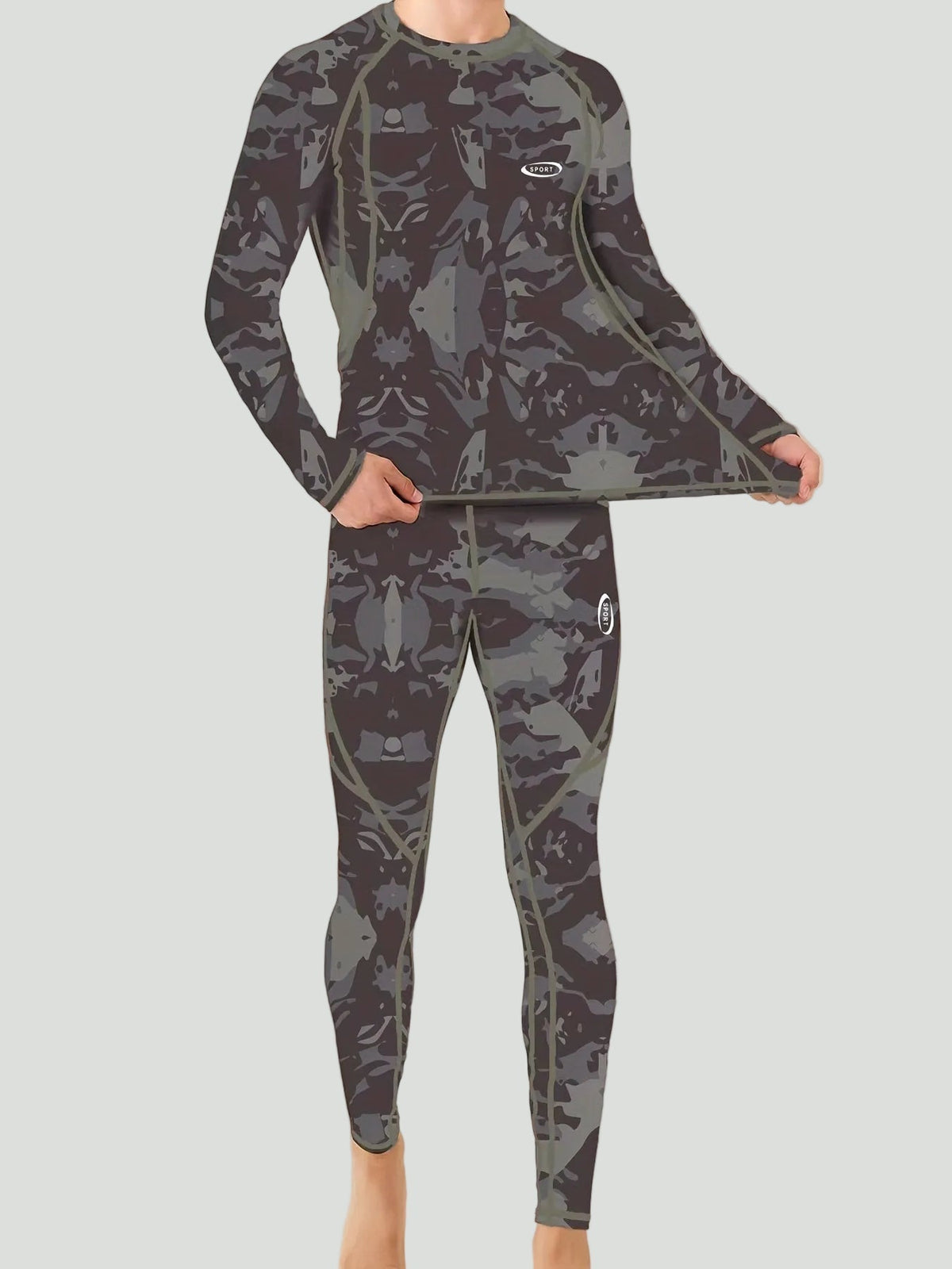 Men’s Thermal Base Layer Set – Fleece-Lined Stretch Camouflage Top and Leggings for Outdoor Training and Cold Weather