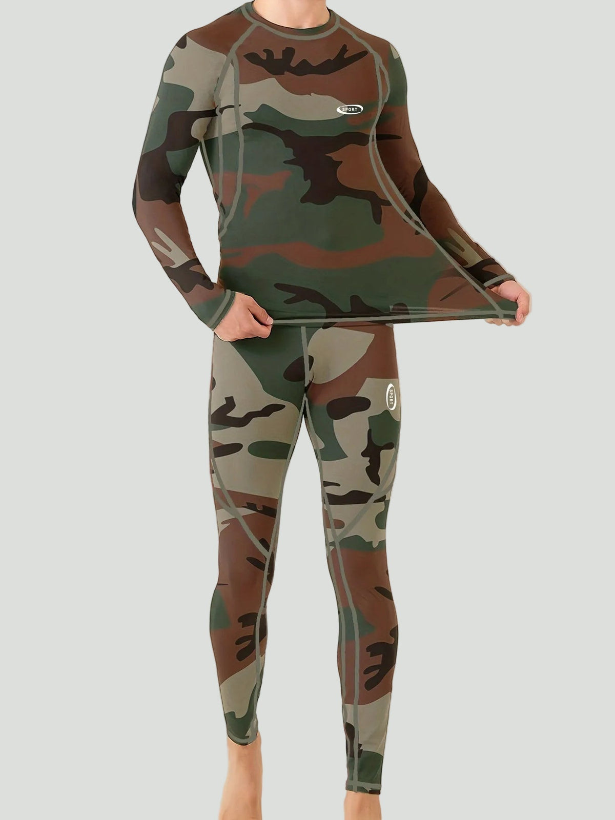 Men’s Thermal Base Layer Set – Fleece-Lined Stretch Camouflage Top and Leggings for Outdoor Training and Cold Weather