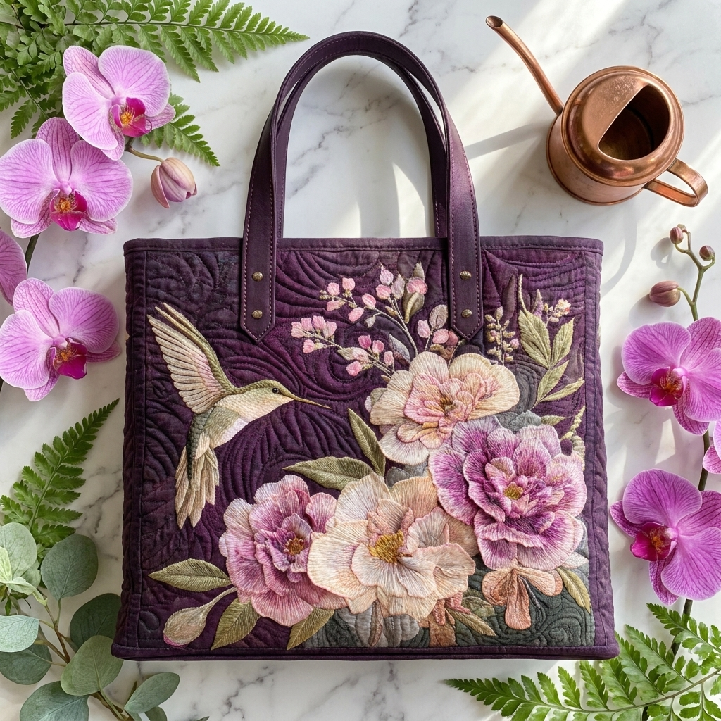 Artisanal Quilted Bag - Hummingbirds and Orchids