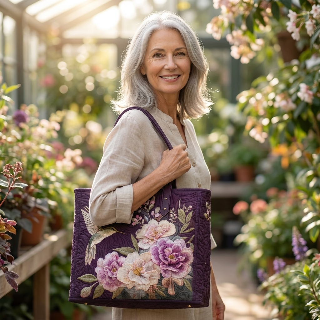 Artisanal Quilted Bag - Hummingbirds and Orchids