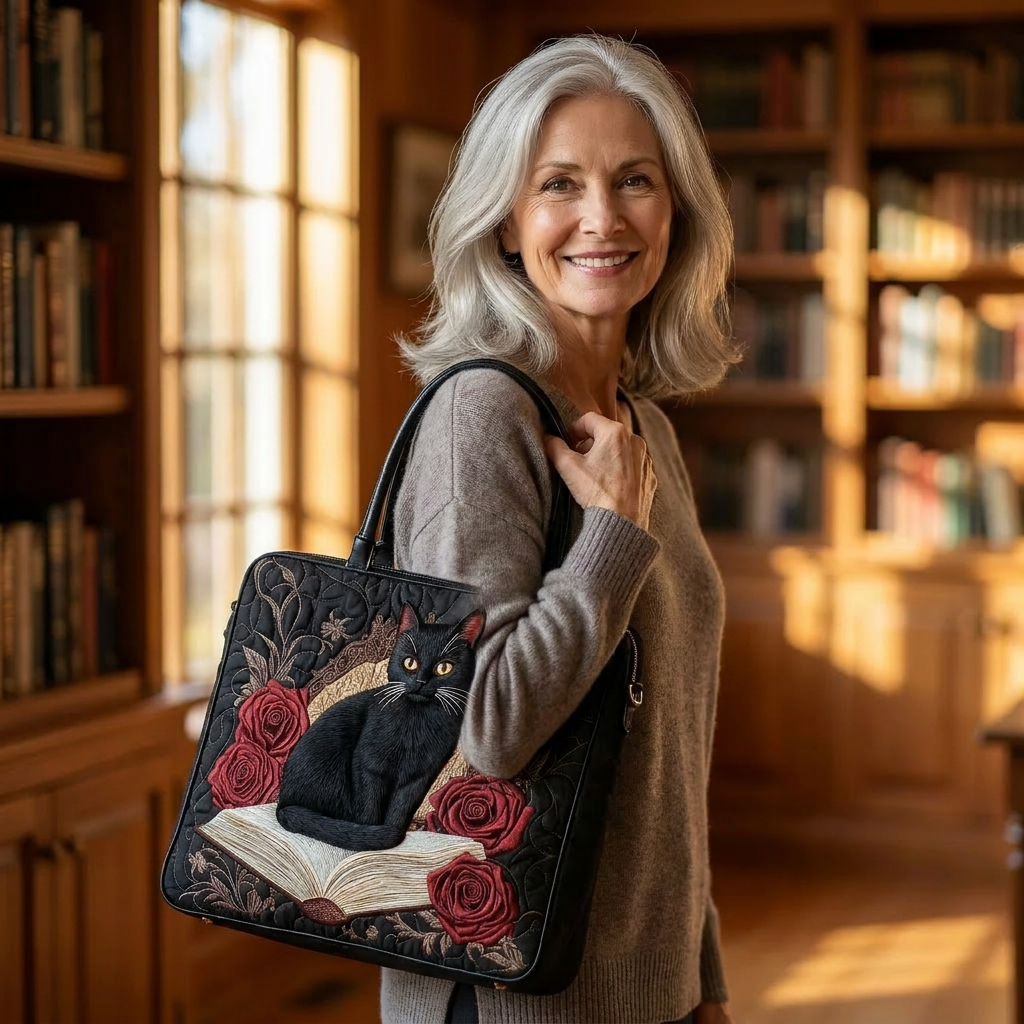 Quilted Artisan Bag - Black Cat on Books