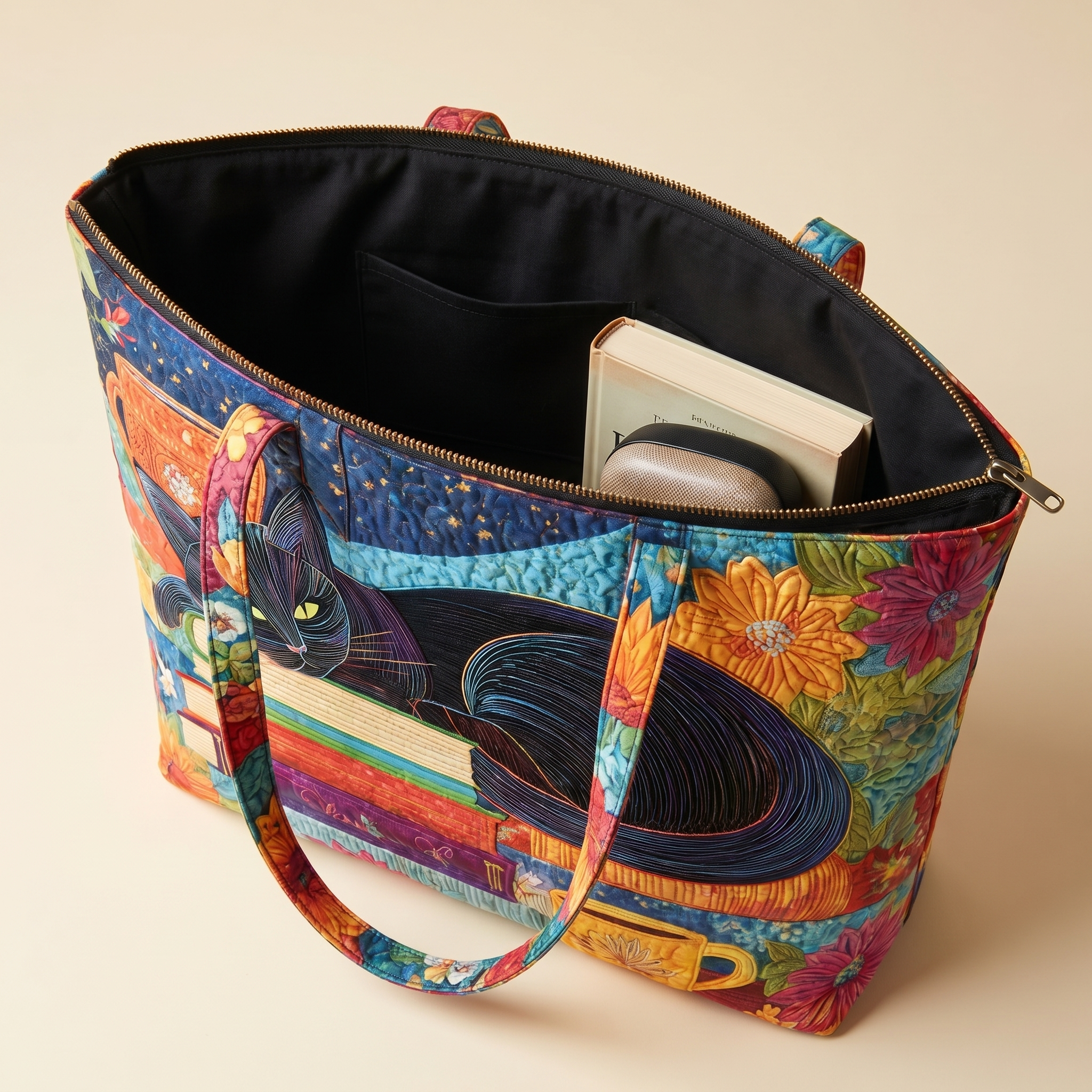 Artisan Bag - Black Cat with Books and Mugs