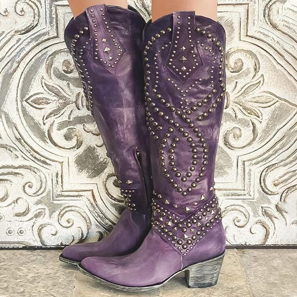 Pointed Toe Knee High Boots with Metal Studs and Side Zipper