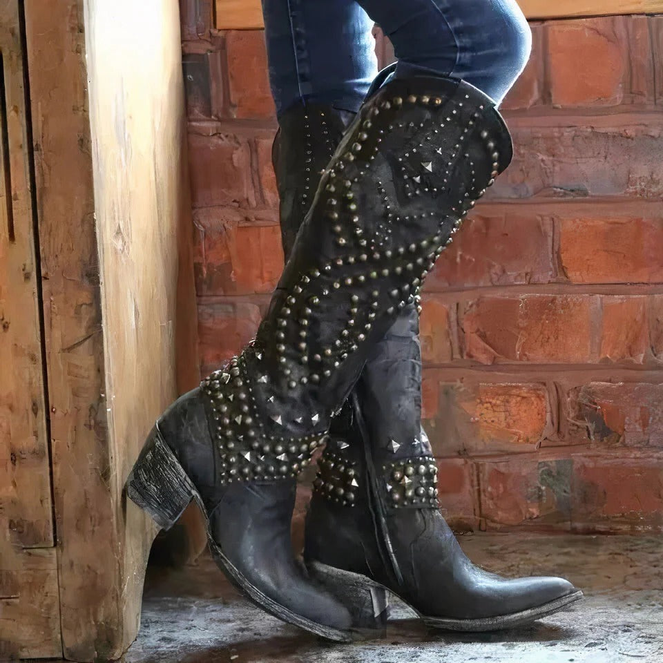Pointed Toe Knee High Boots with Metal Studs and Side Zipper