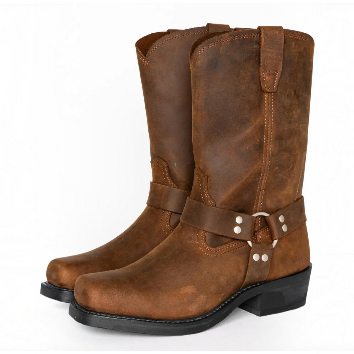 Slip On Harness Boots with Adjustable Strap and Double Stitched Construction, 11 Inch Shaft