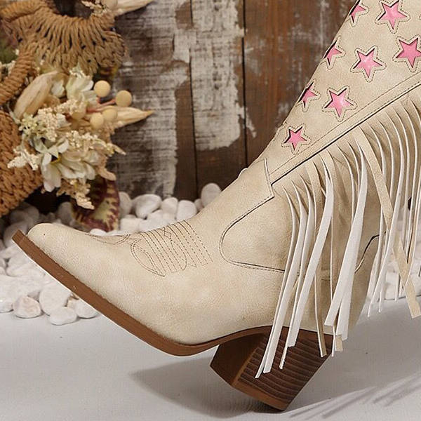 Western Boots for Women, Block Heel Fringe Star Knee High Boots for Casual and Everyday Wear