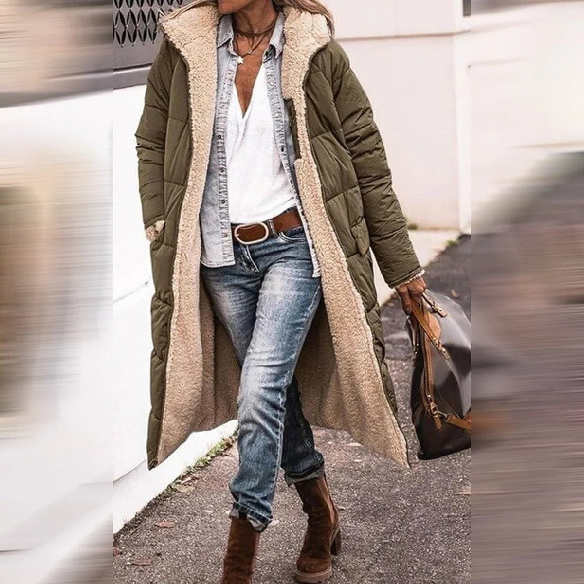 Grace I Hooded Quilted Long Parka Coat with Front Pockets and Snap Closure