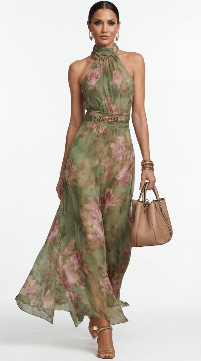 Livia: Elegant floral maxi dress with halter neck