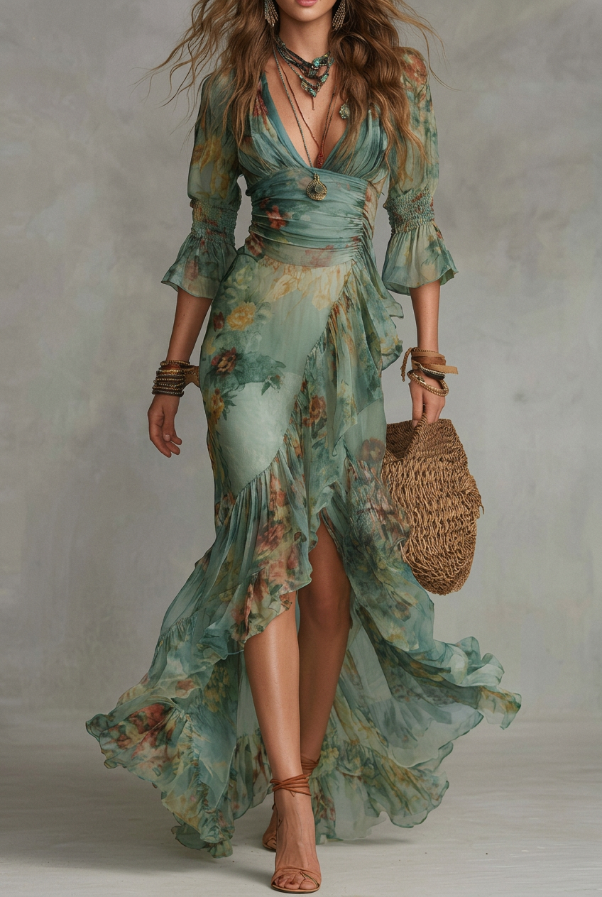 Maxi Chiffon Dress in Grass Green with Irregular Ruffles and Slit